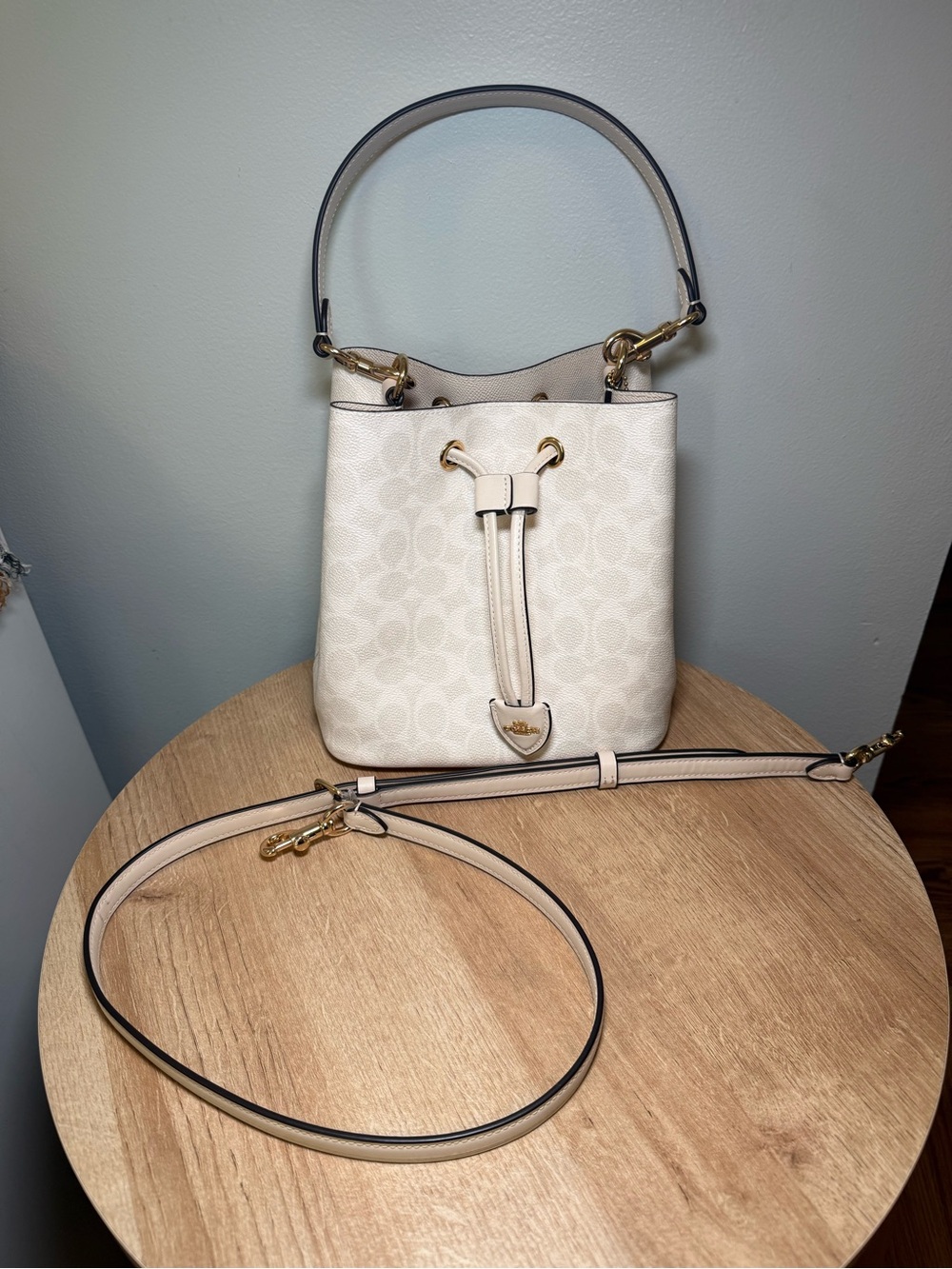 SOLD Coach Chalk Signature Pebble Leather Drawstring Rowan Bucket Bag